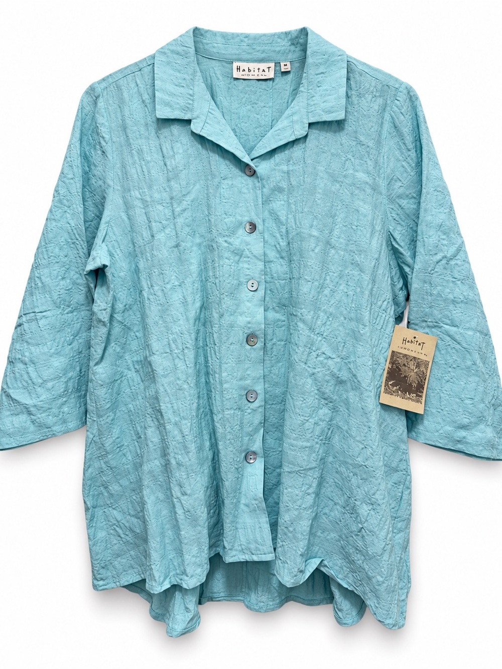 Habitat Aqua Linen Cotton Crinkle Button Back Tunic Blouse Small NWT